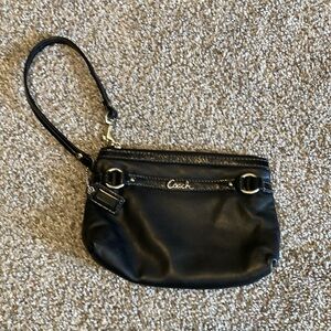 Coach black leather corner zip pouch, measurements in picture